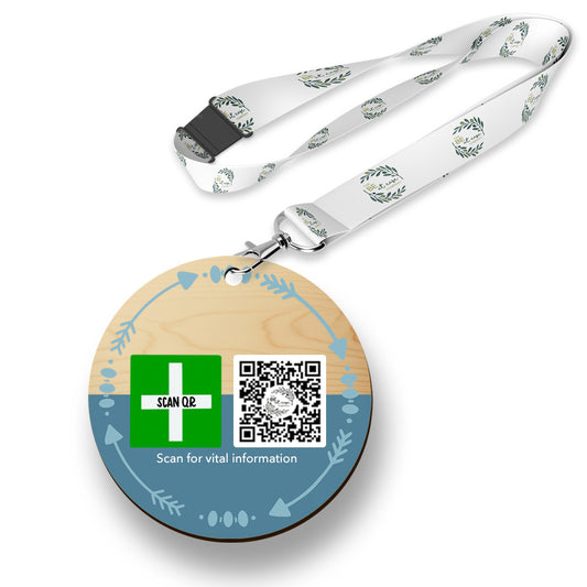 Safety & Medical Alert ID Timber Tag 5cm with lanyard