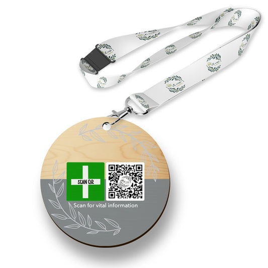 Safety & Medical Alert ID Timber Tag 5cm with lanyard