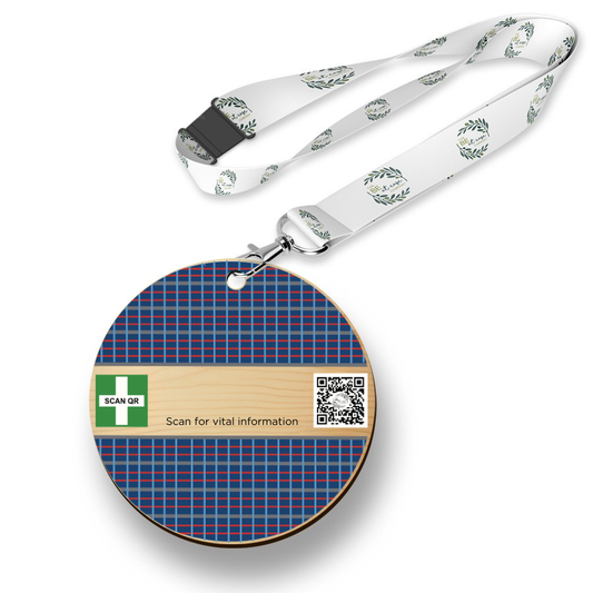 Safety & Medical Alert ID Timber Tag 5cm with lanyard