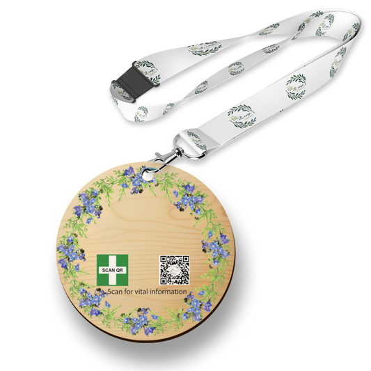 Safety & Medical Alert ID Timber Tag 5cm with lanyard