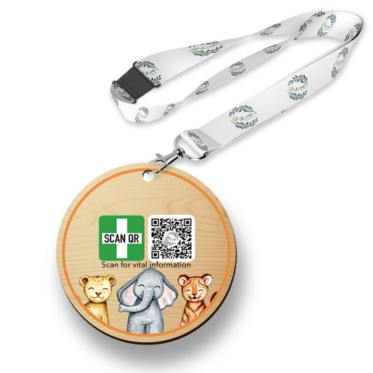 Safety & Medical Alert ID Timber Tag 5cm with lanyard