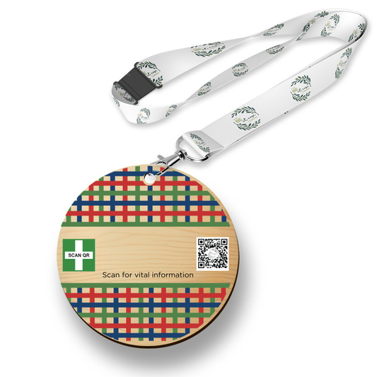 Safety & Medical Alert ID Timber Tag 5cm with lanyard