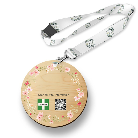 Safety & Medical Alert ID Timber Tag 5cm with lanyard