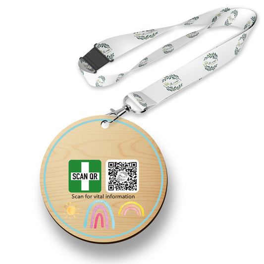 Safety & Medical Alert ID Timber Tag 5cm with lanyard
