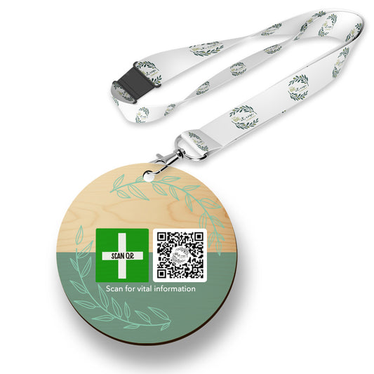 Safety & Medical Alert ID Timber Tag 5cm with lanyard