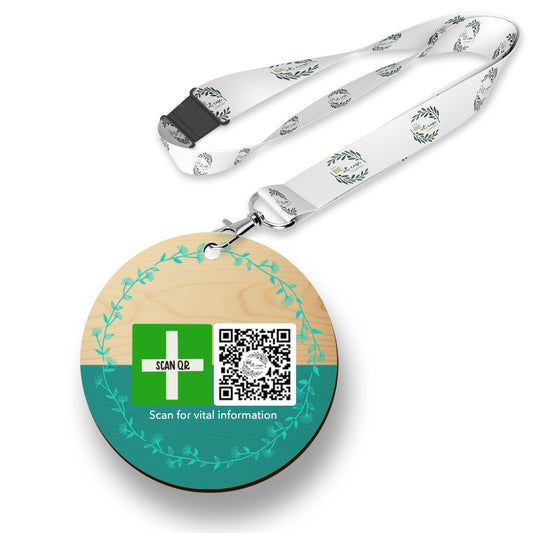 Safety & Medical Alert ID Timber Tag 5cm with lanyard