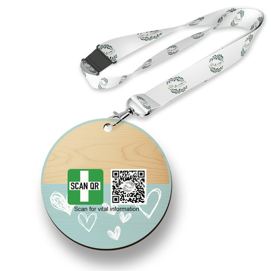 Safety & Medical Alert ID Timber Tag 5cm with lanyard
