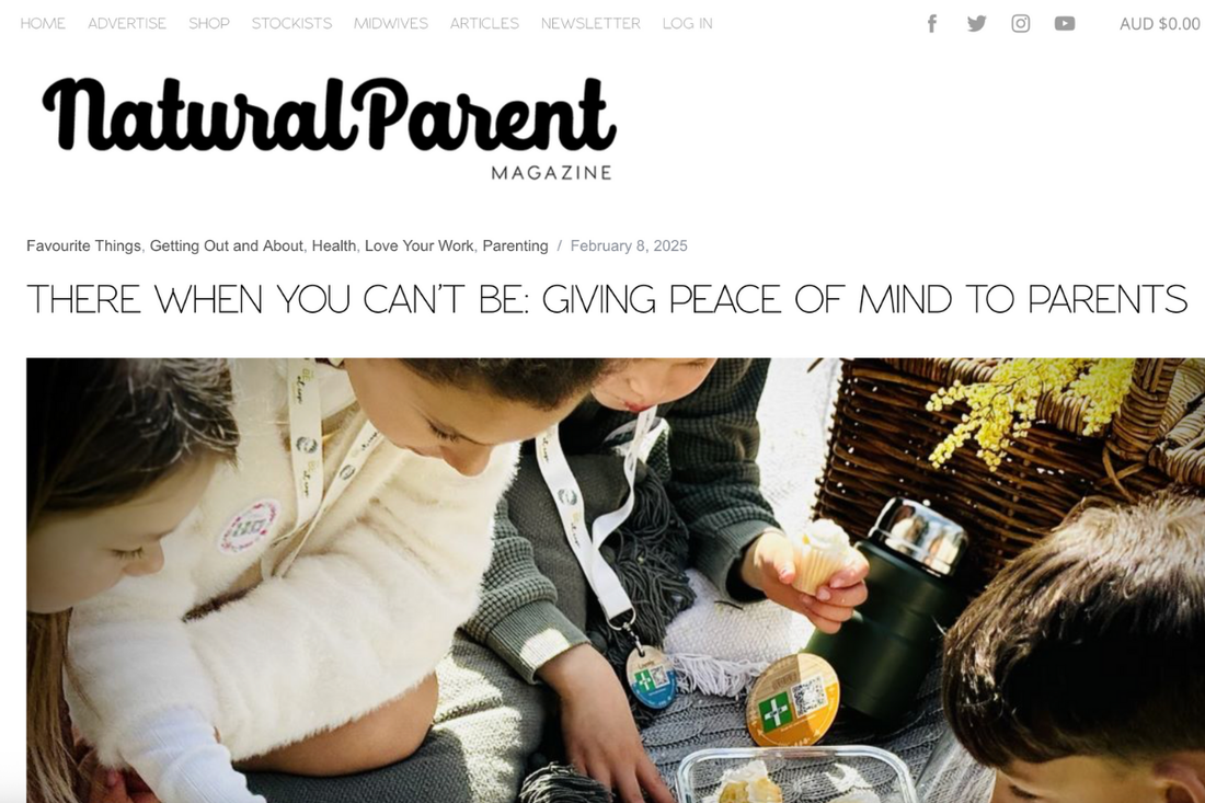 The Natural Parent Magazine article featuring The BE at Ease Company’s visible safety ID tags for children and families.