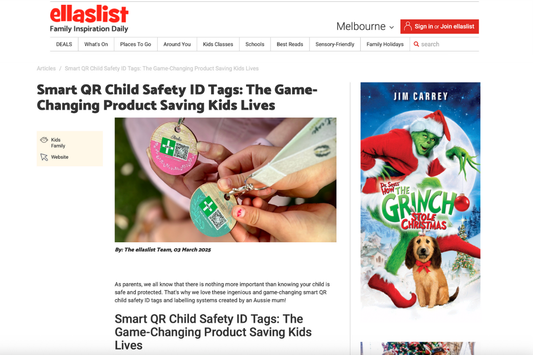 Media feature on Ella’s List showcasing The BE at Ease Company’s visible safety and medical ID products for kids and families.